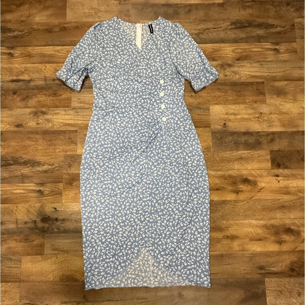 women casual print midi dress with puffed short sleeves hem v neck size M